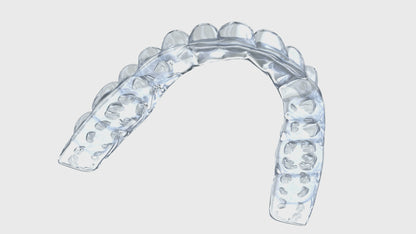 3D showcase video of Snap Custom Nightguard's Clear Hard Night Guard - The Toughest Guard For Grinding & Clenching. The video provides a rotating view of the transparent, custom-fitted dental guard, highlighting its sleek design and snug fit for maximum teeth protection. The guard is designed for individuals suffering from teeth grinding or bruxism, offering a clear, discreet solution for nighttime use.