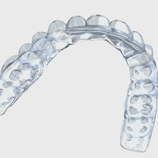 3D showcase video of Snap Custom Nightguard's  Daytime teeth grinding guard. The video provides a rotating view of the transparent, custom-fitted dental guard, highlighting its sleek design and snug fit for maximum teeth protection. The guard is designed for individuals suffering from teeth grinding or bruxism, offering a clear, discreet solution for nighttime use.