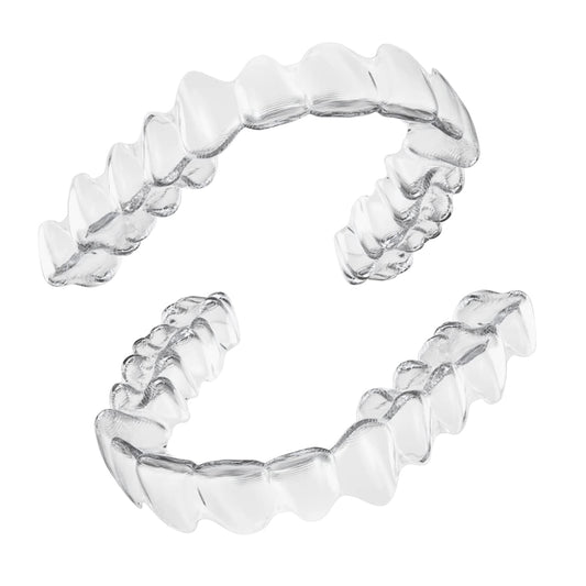 Custom Clear Retainers displayed against a white background, ideal for use as retainers after braces. Transparent and discreet clear retainers. - Snap! Custom Nightguards