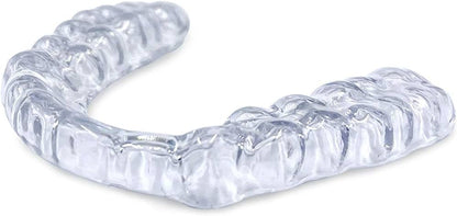 Snap Custom Clear Daytime Teeth Grinding Guard, crafted with the same high-quality standards as the traditional nightguard but designed for daytime wear. This transparent guard is more discreet, providing unobtrusive teeth protection for individuals who grind their teeth during the day. The image highlights the guard's ultra-clear material and slim profile, ideal for those seeking a barely-there feel while safeguarding against bruxism and teeth grinding.