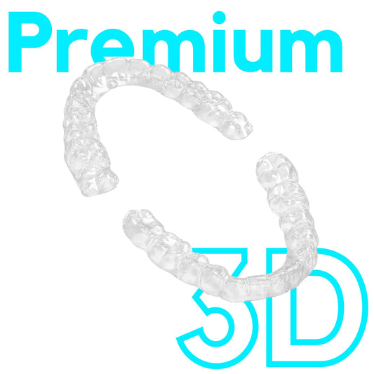 Custom-fitted, transparent Snap Custom Night guard for teeth protection, displayed against a white background with overlay text 'Premium' and '3D'. Designed for individuals suffering from teeth grinding and bruxism, this nightguard is tailored to provide a comfortable fit and effective relief from dental wear.