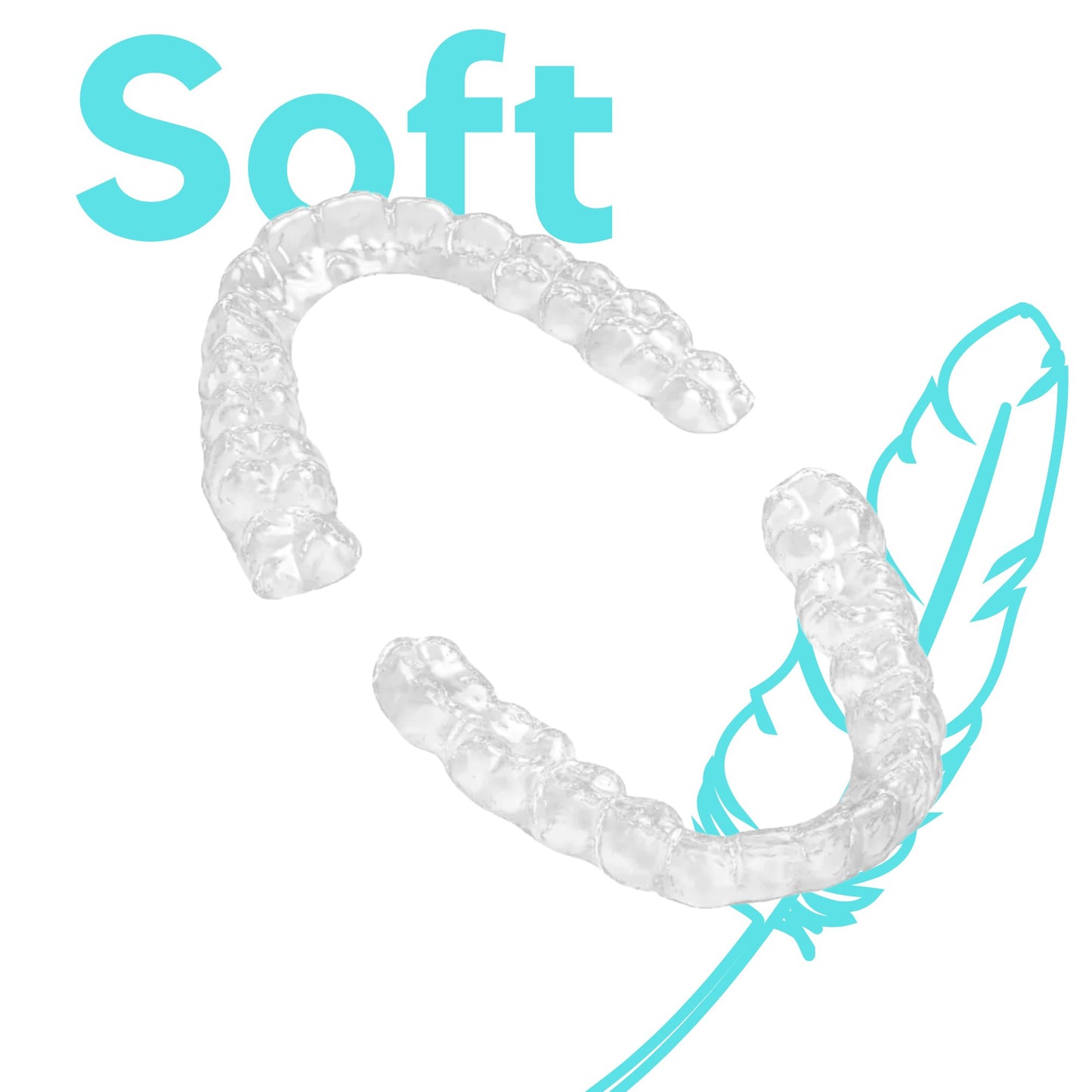 Snap Soft Night Guard for Sensitive Teeth - a transparent, custom-fit nightguard designed for gentle protection. The image features a clear dental guard with 'Soft' text in soothing teal, symbolizing comfort for sensitive teeth. Ideal for those with delicate dental conditions seeking relief from bruxism and teeth grinding without harshness.